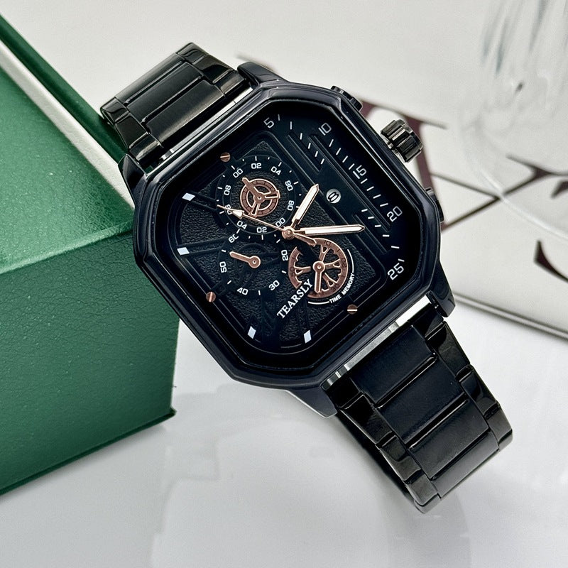 Men's Square Dial Quartz Watch – Waterproof Stainless Steel Band, Large