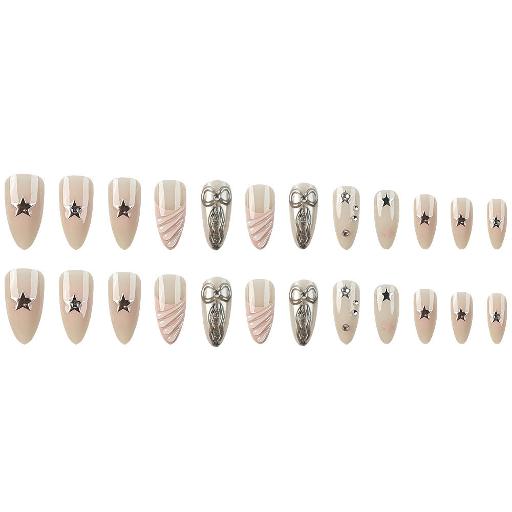 Elegant 3D Press-On Nails with Metallic Stars & Bowknot Design - Almond Glossy Set