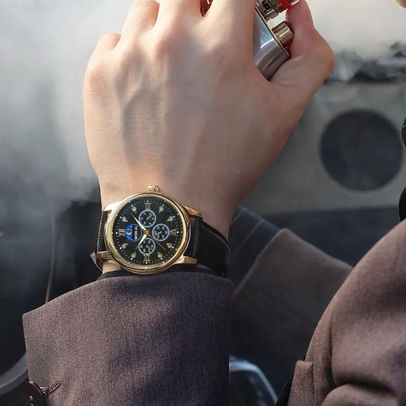 Men’s Quartz Watch-Gold Dial & Black Strap