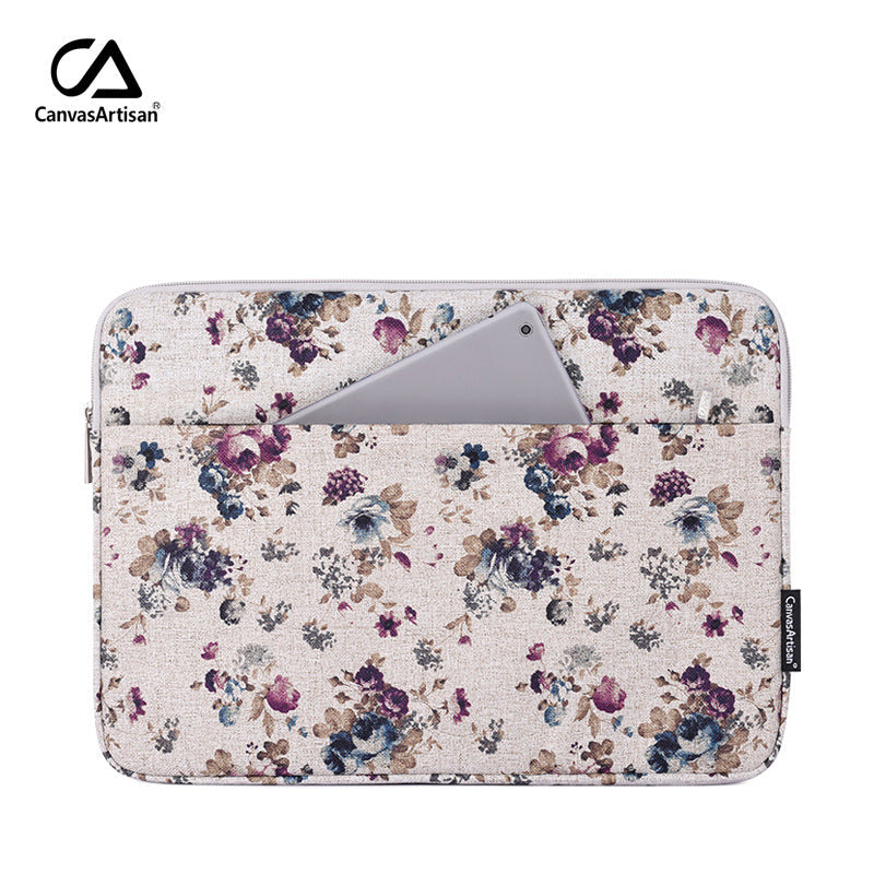Beige Floral Linen Laptop Sleeve – Waterproof, Shock-Resistant Protective Case