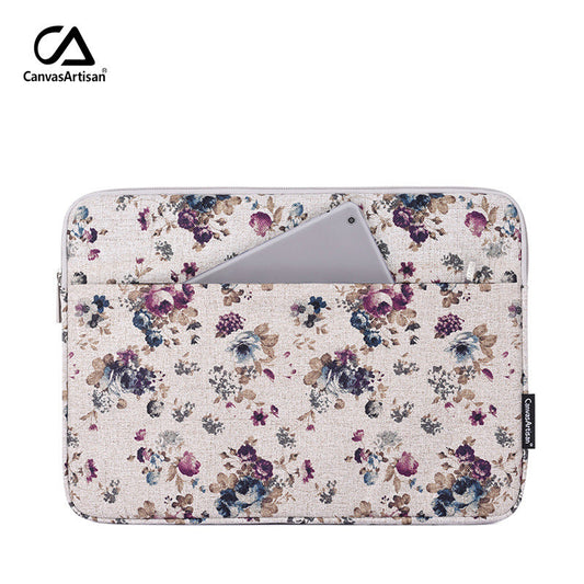 Beige Floral Linen Laptop Sleeve – Waterproof, Shock-Resistant Protective Case