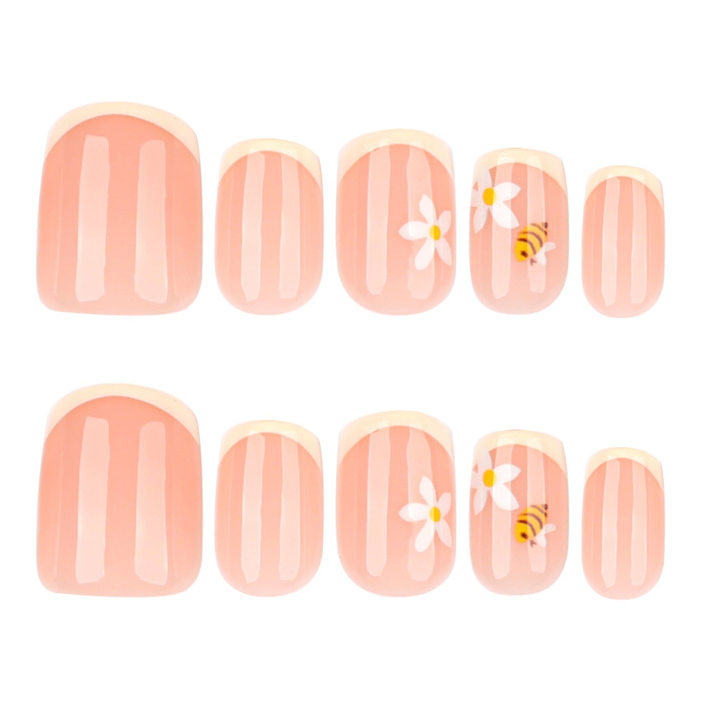 Cute Bee & Daisy French Tip Press-On Nails – Short Square, Glossy Finish