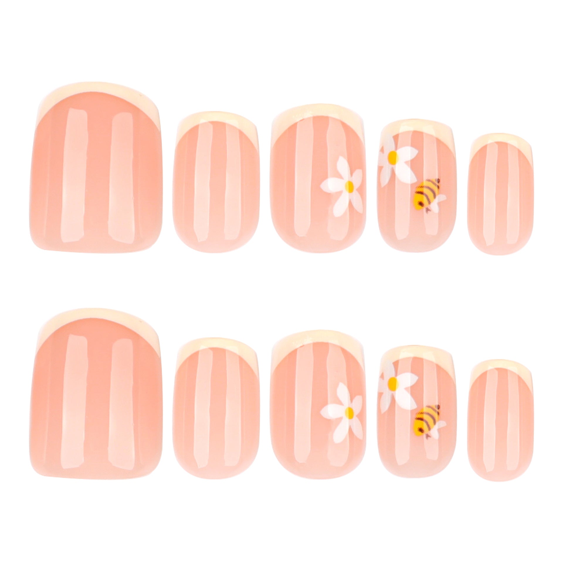 Cute Bee & Daisy French Tip Press-On Nails – Short Square, Glossy Finish