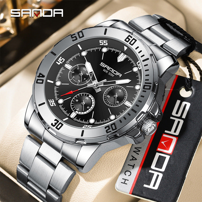 SANDA Men’s Large Dial Steel Quartz Watch – Business Analog Wristwatch with Calendar
