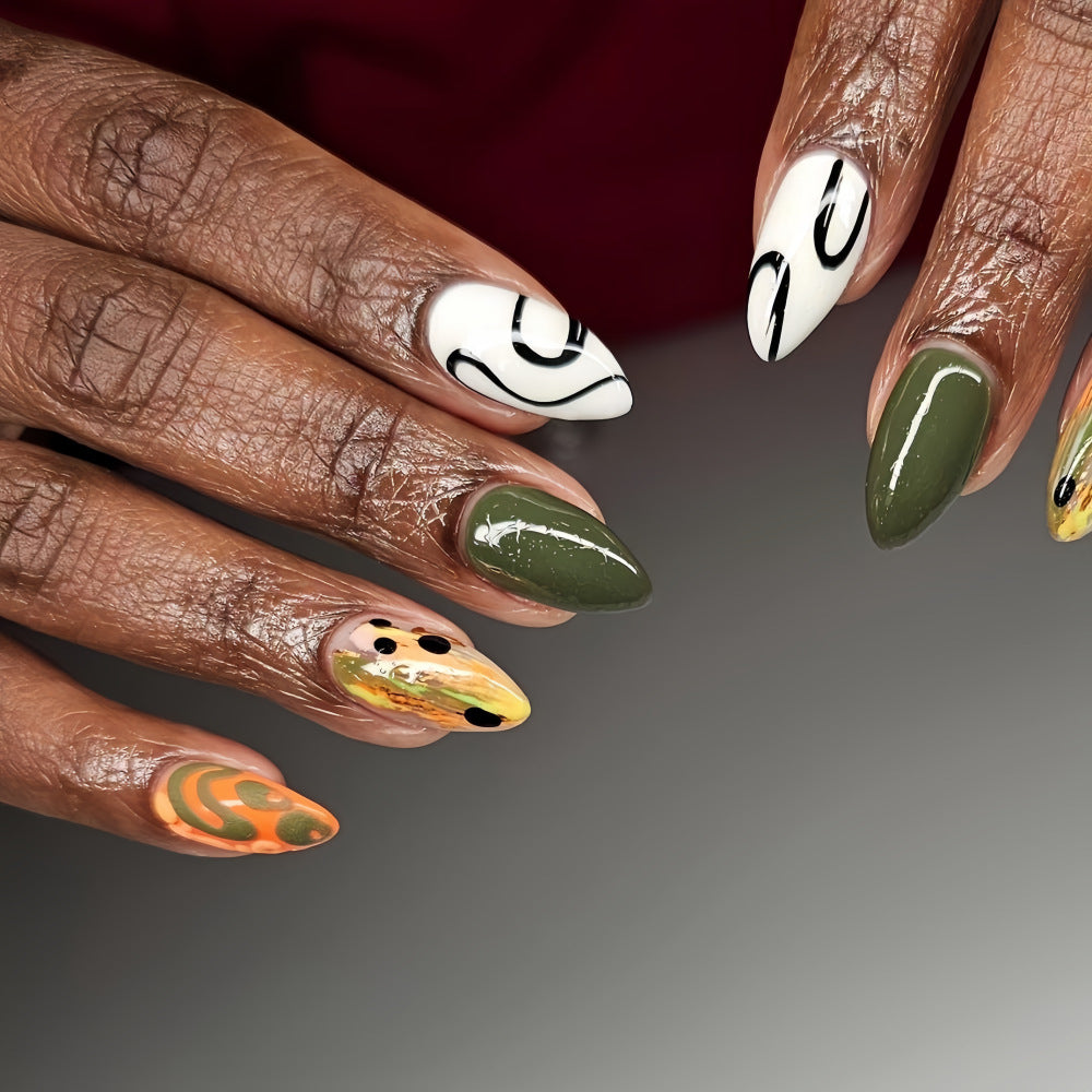 Eclectic Abstract Almond Press-On Nails – Graffiti-Inspired Design, Reusable Nail Art Set