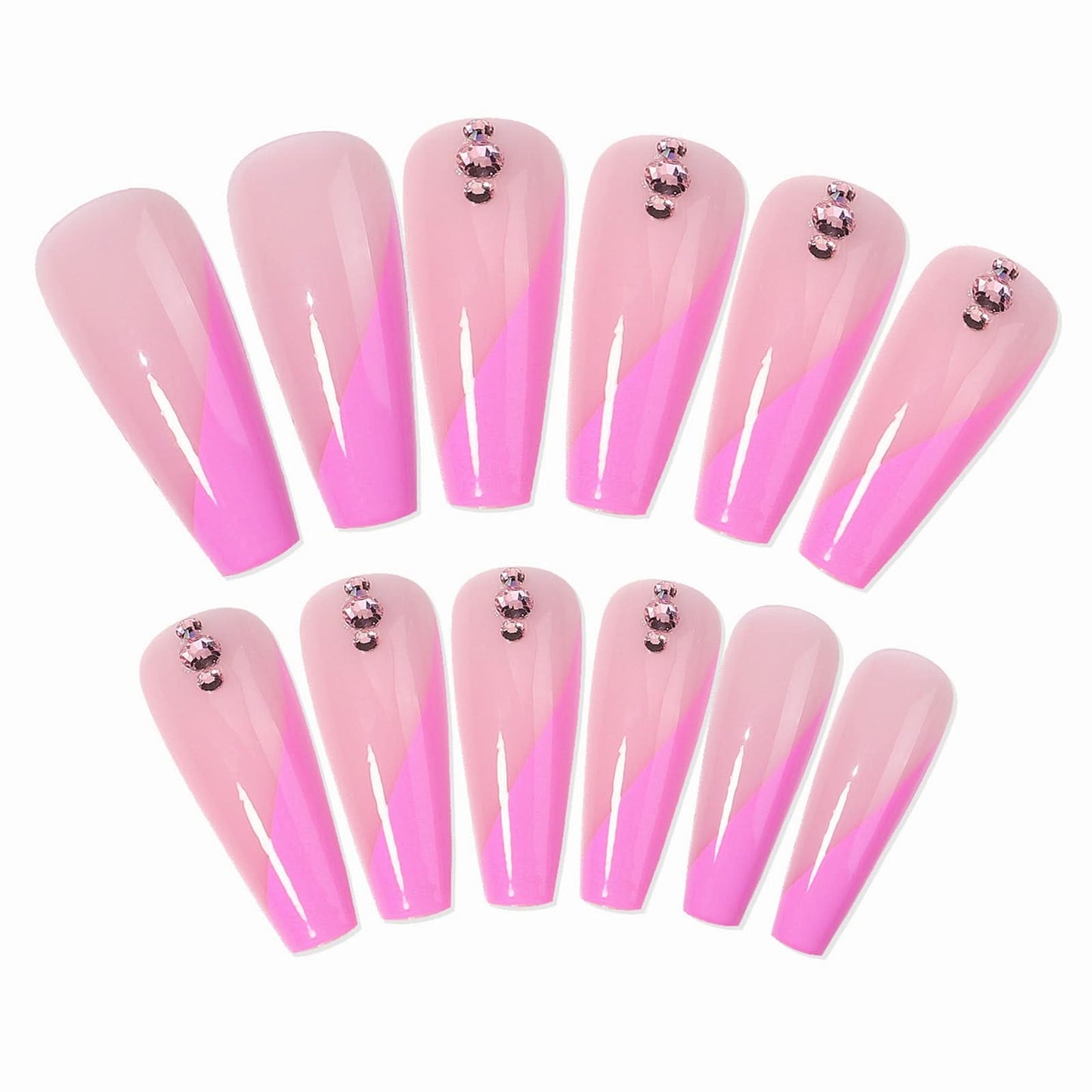 Extra-Long Coffin Press-On Nails – Glossy Pink Angled French Tip