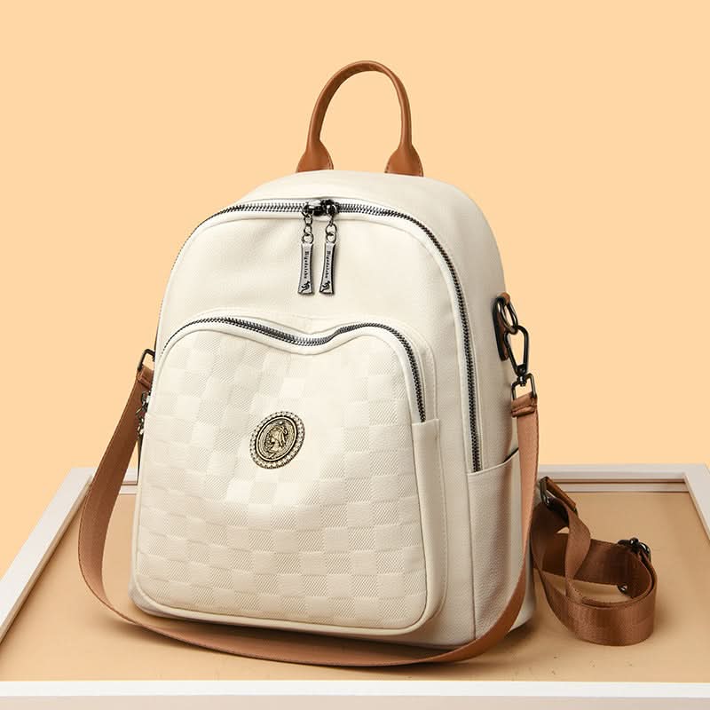 Women's Checkerboard PU Leather Backpack – With Multi-Pocket Design