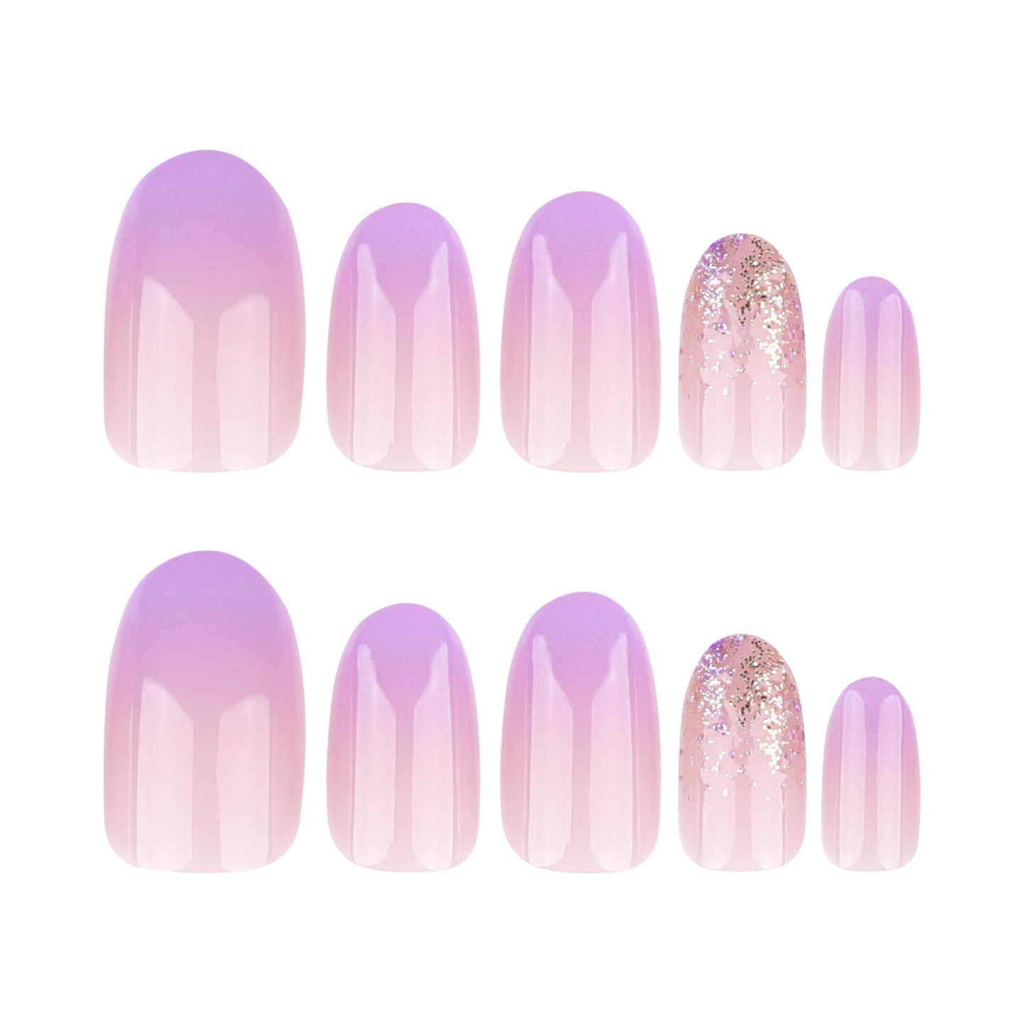 Purple Gradient Ombre Press-On Nails with Gold Glitter - Elegant Oval Glue-On Acrylic Set