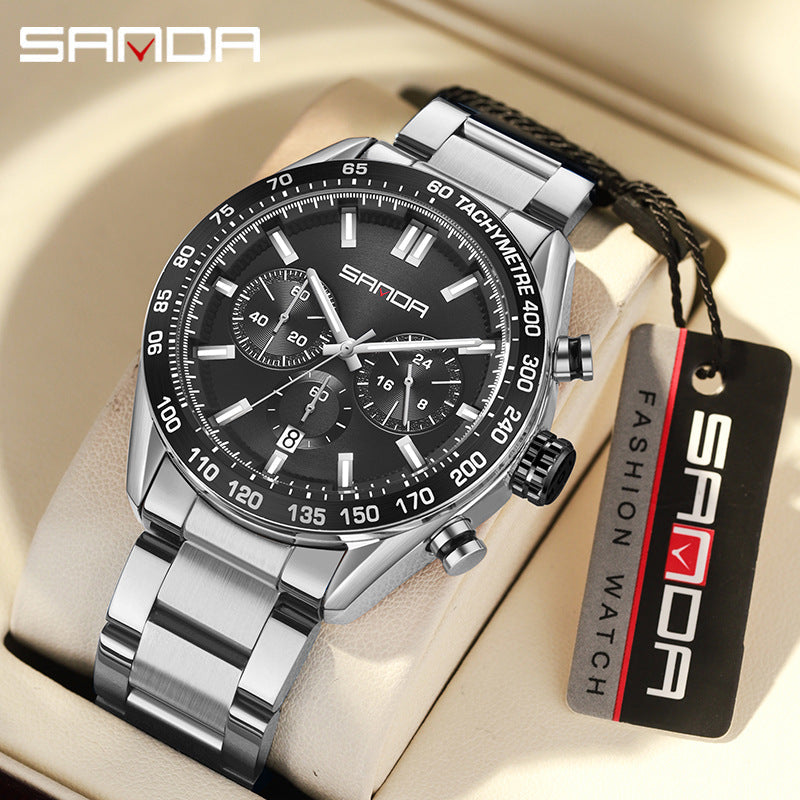 Sanda Men's Quartz Watch – Three-Eye Calendar Stainless Steel Strap Waterproof