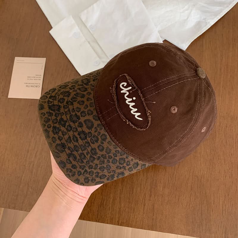 Retro Unisex Letter Baseball Cap – Curved Brim Hat with Leopard Print