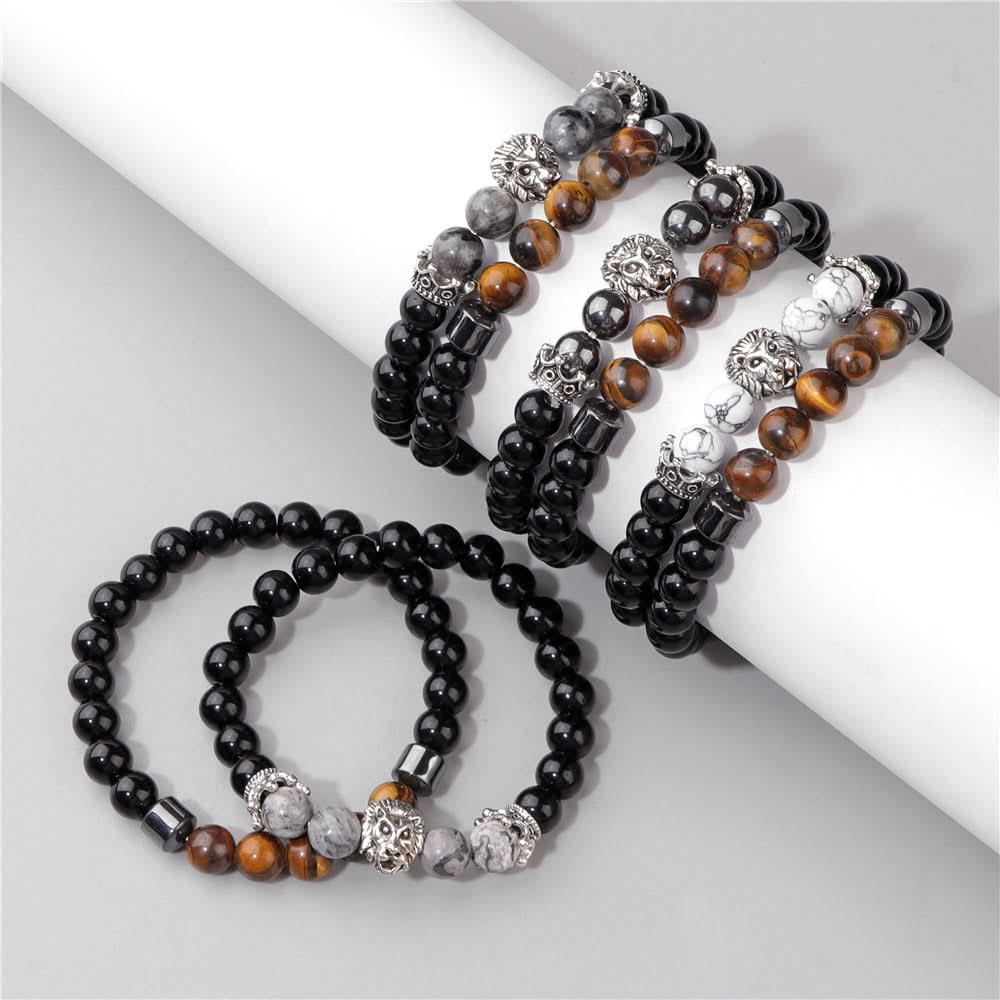 Unisex Double-Layer Lion Agate Bead Bracelet – Retro Black Stone
