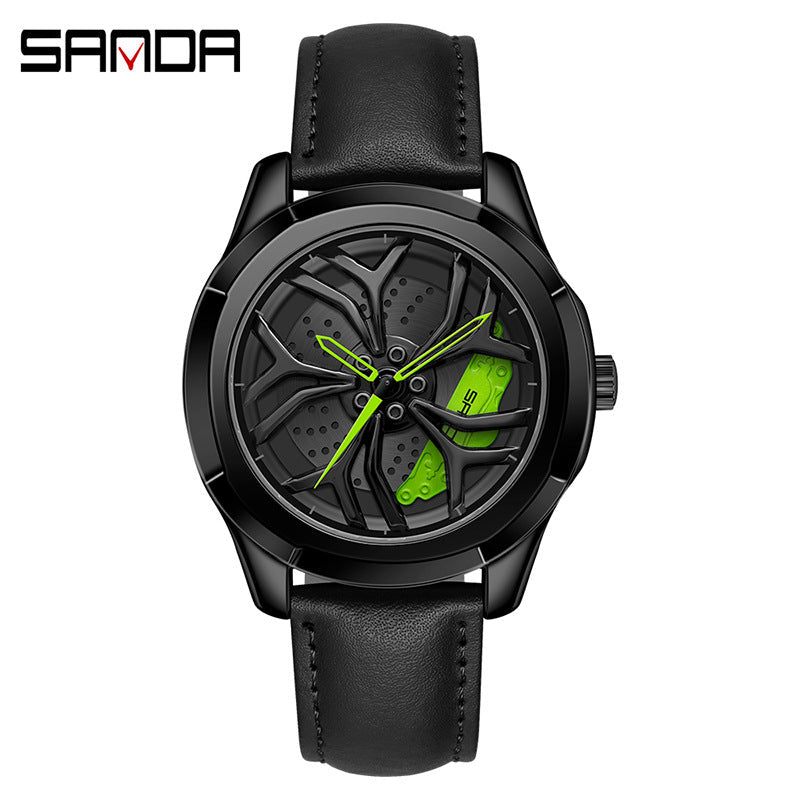 Sanda Men's Quartz Watch – Hollow Wheel Design, Leather Strap, Waterproof Timepiece