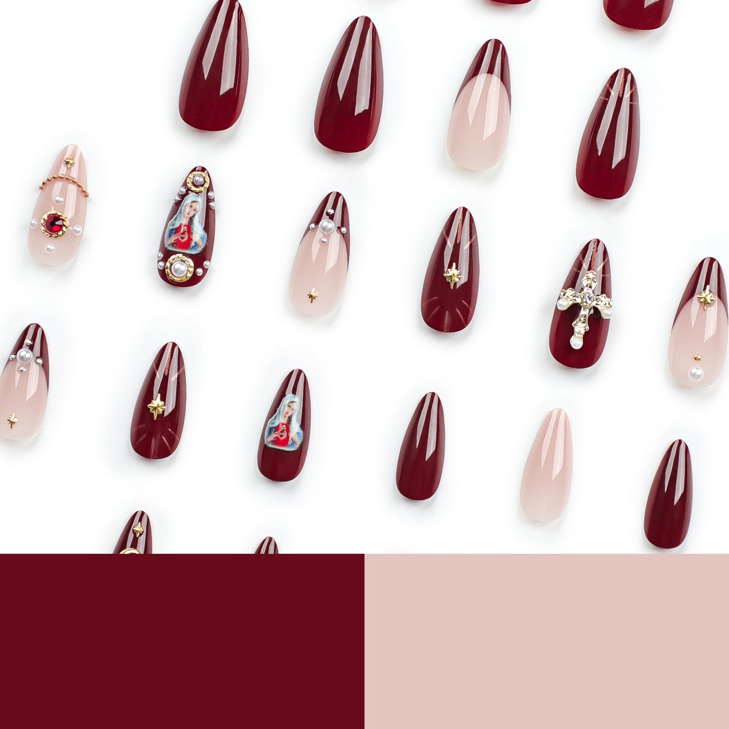 Religious-Themed Press-On Nails – Long 3D Cross & Moon Design Acrylic Nail Set