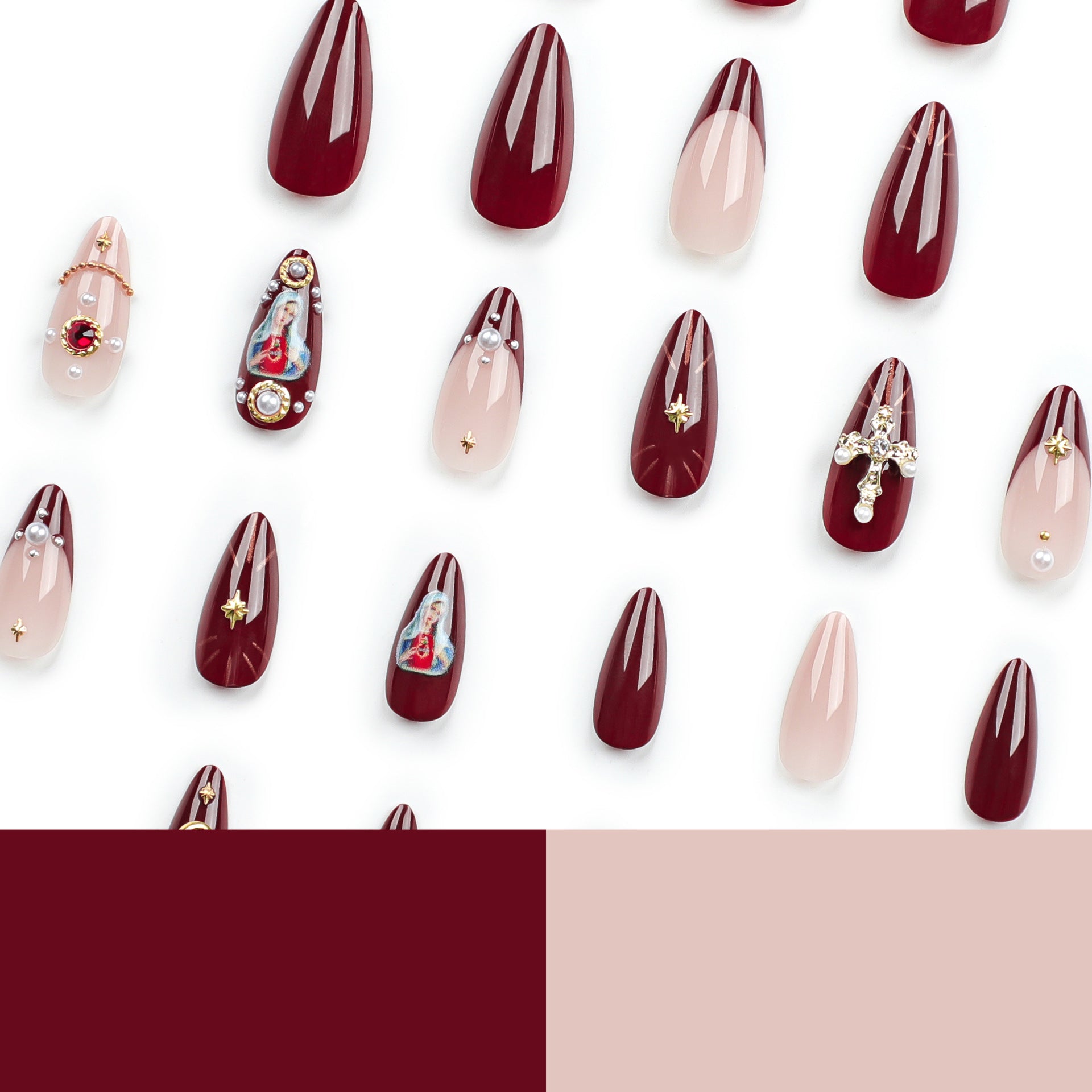 Religious-Themed Press-On Nails – Long 3D Cross & Moon Design Acrylic Nail Set