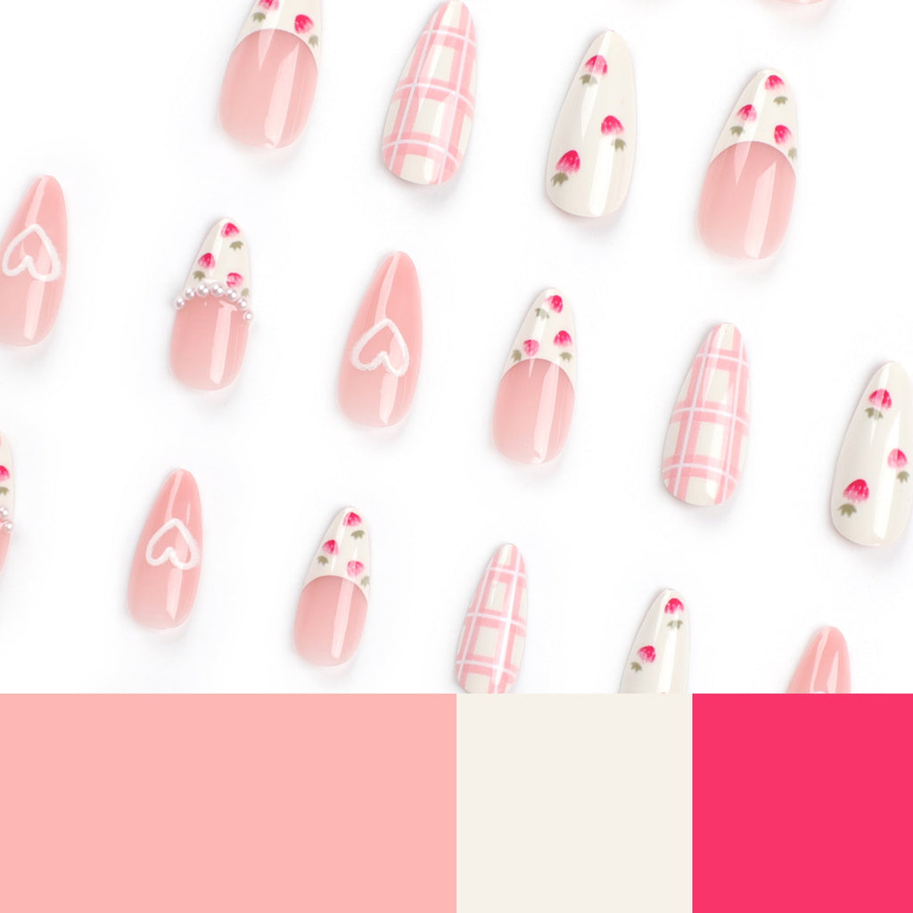Sweet Almond Press-On Nails with 3D Hearts & Strawberry Design – Medium Fake Nails