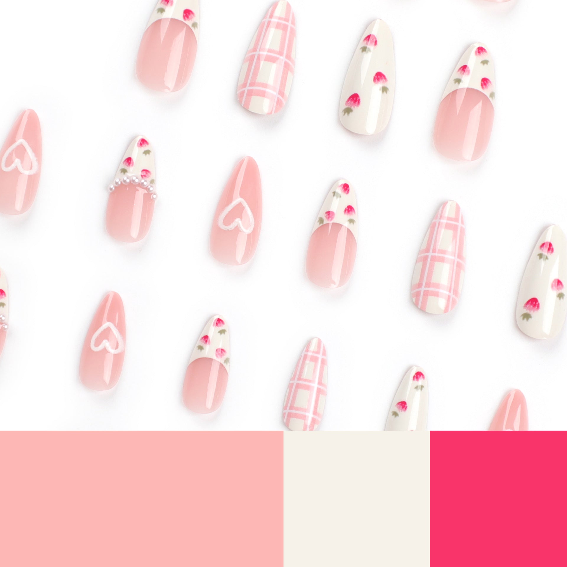 Sweet Almond Press-On Nails with 3D Hearts & Strawberry Design – Medium Fake Nails