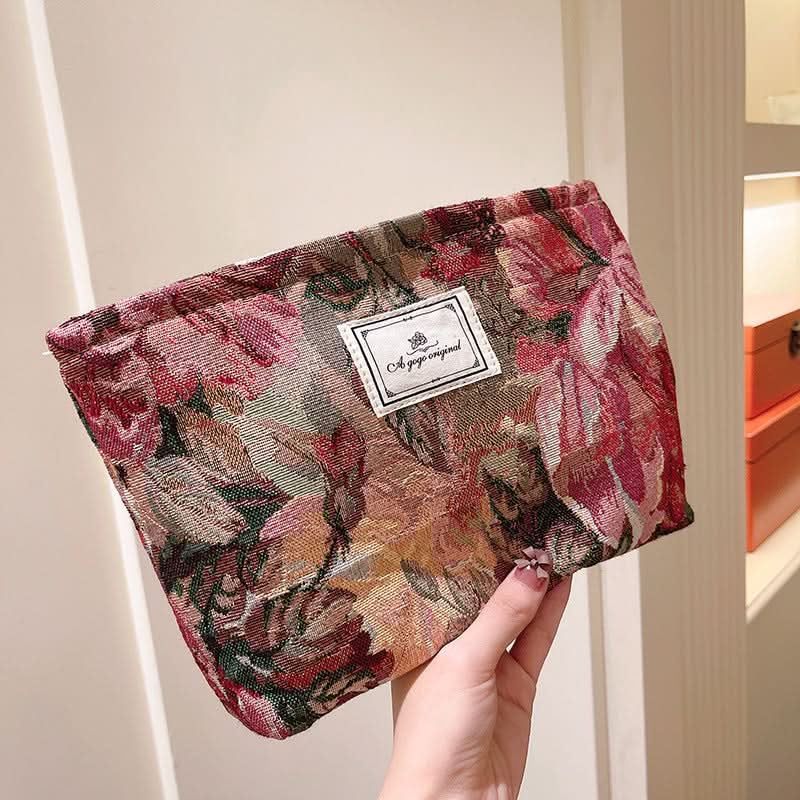 Retro Jacquard Cosmetic Bag – Thickened Travel Toiletry Pouch with Zipper