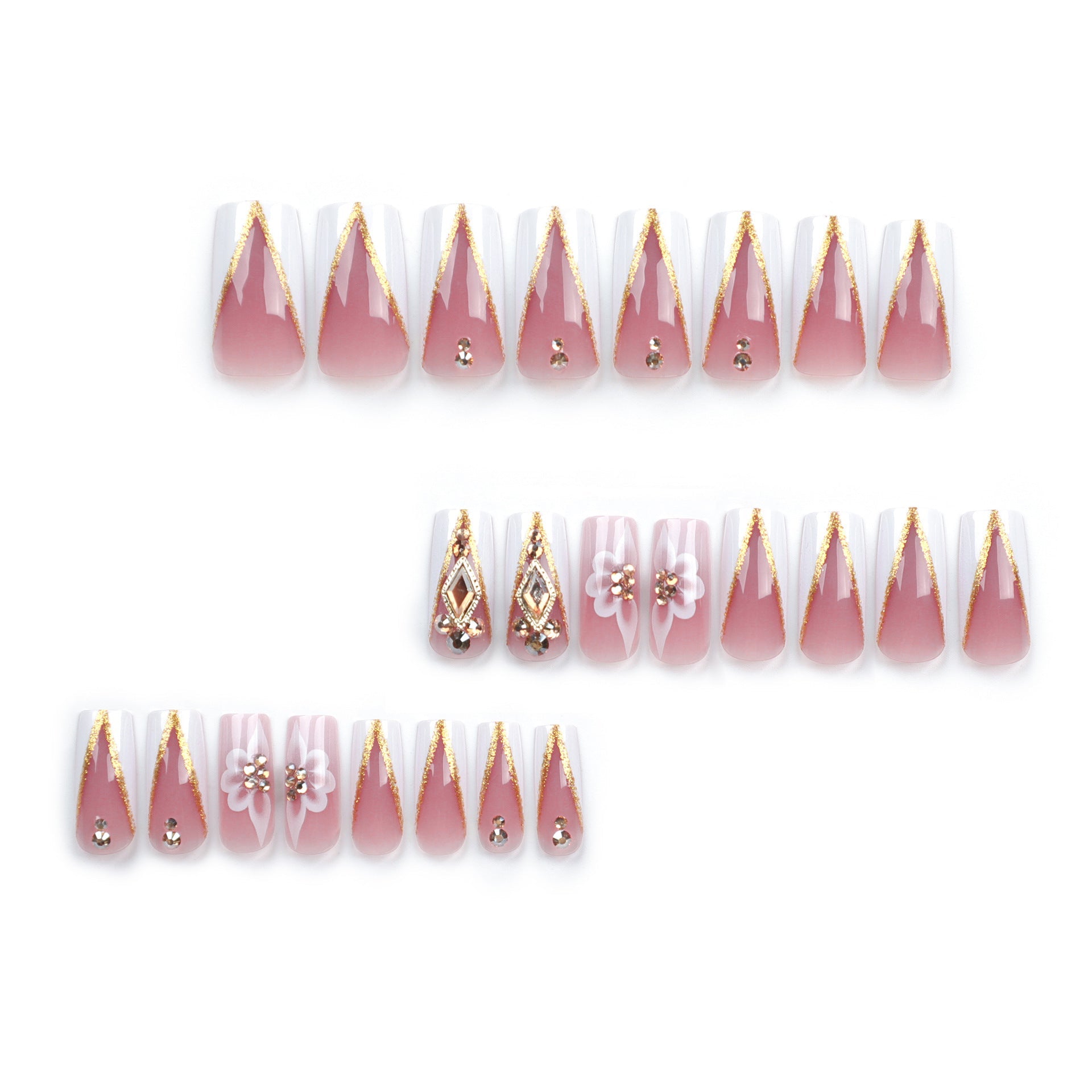 Glamorous V-French Press-On Nails – Long Coffin with 3D Flowers & Glitter Tips