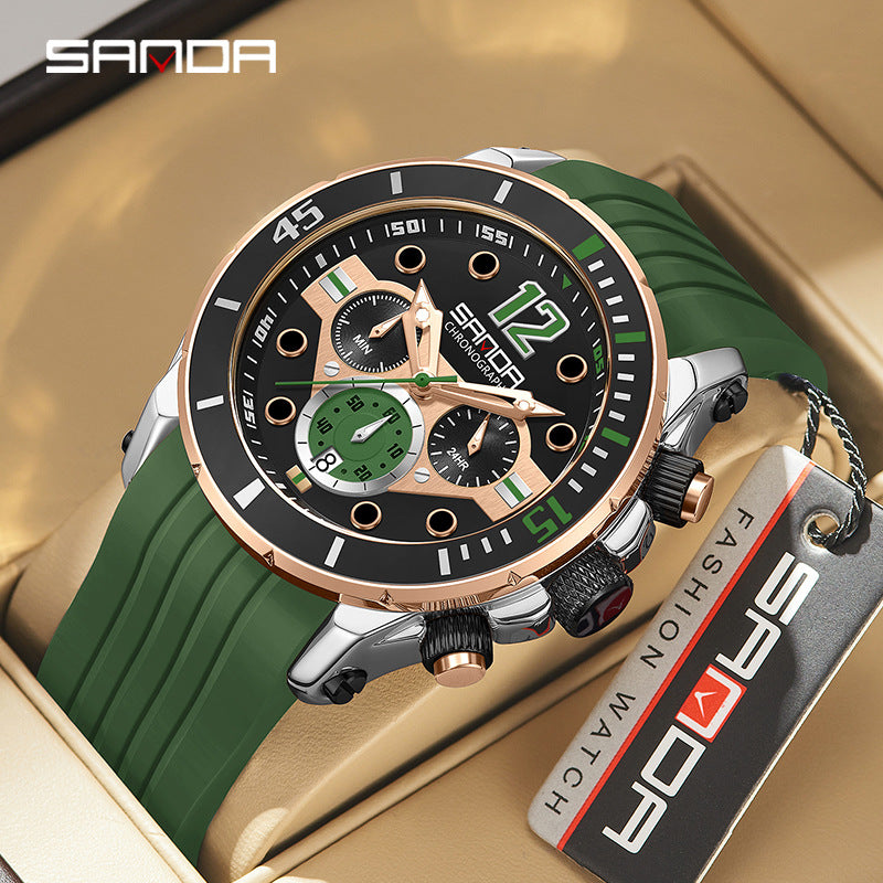 SANDA Luminous Men’s Quartz Watch – Silicone Strap with Calendar, 30M Waterproof
