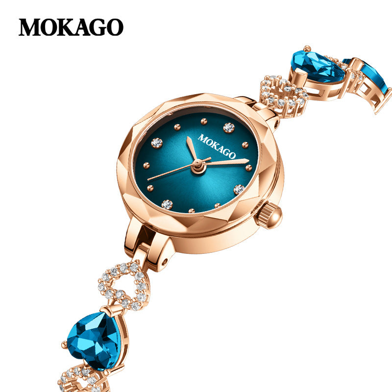 Mokago Women’s Crystal Bracelet Watch – Heart-Shaped Blue Dial, Waterproof Timepiece