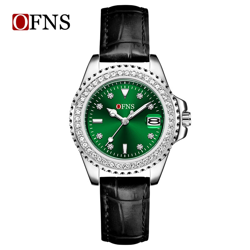 OFNS Women’s Luxury Quartz Watch – Diamond Inlaid Dial, Leather Strap, Waterproof