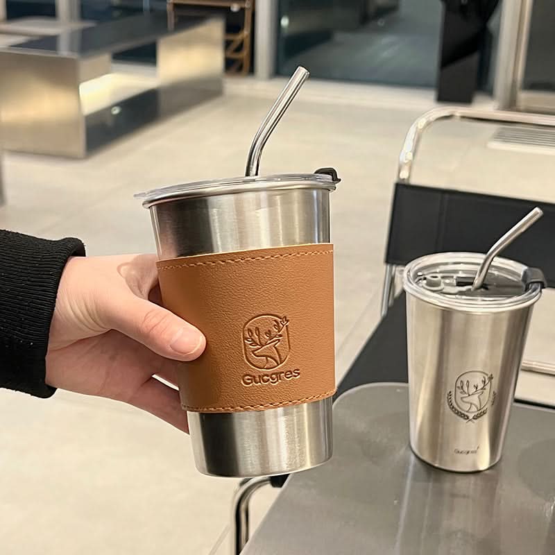 Portable Stainless Steel Coffee Cup with Leather Case