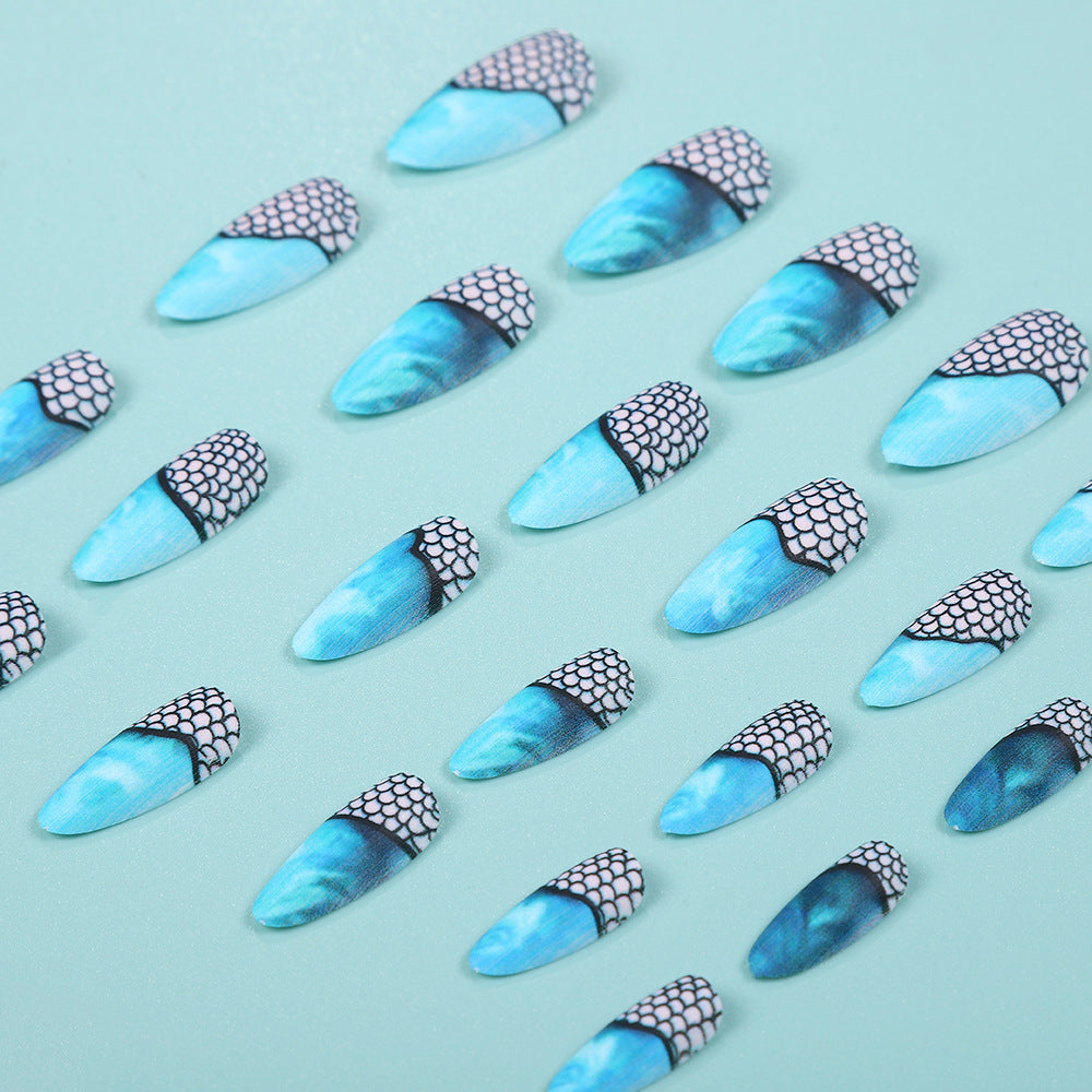 Long Almond Press-On Nails – Ocean Marble & Fishnet Matte Acrylic Nail Art