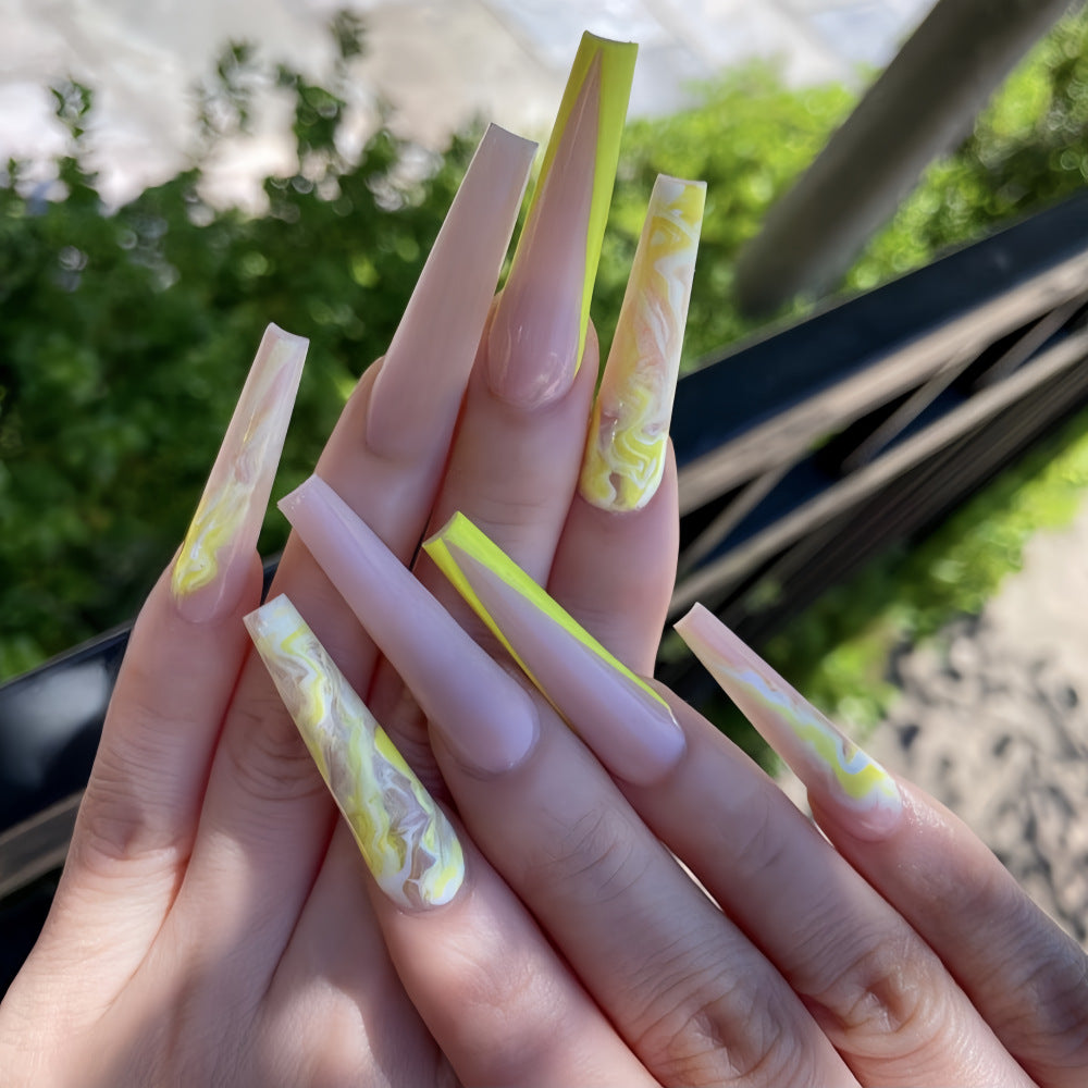 Extra Long Coffin Press-On Nails – Neon Yellow Marble Swirl Acrylic Tips