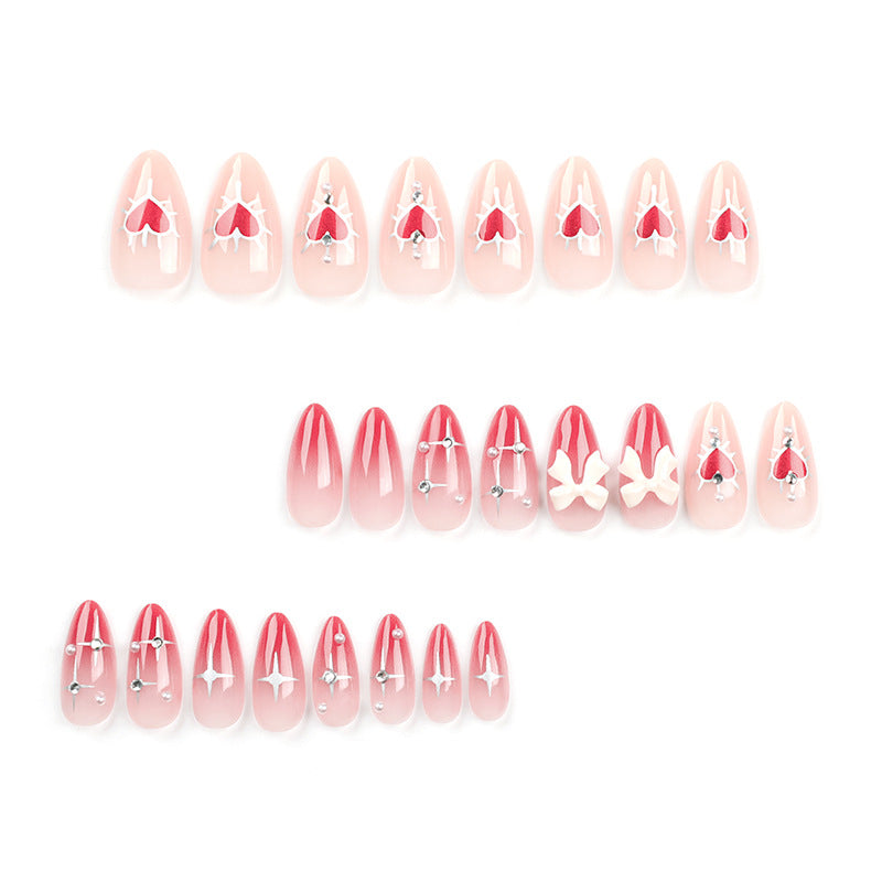 Valentine’s Day Press-On Nails – Medium Almond Red Heart & Pearl 3D Bow Design
