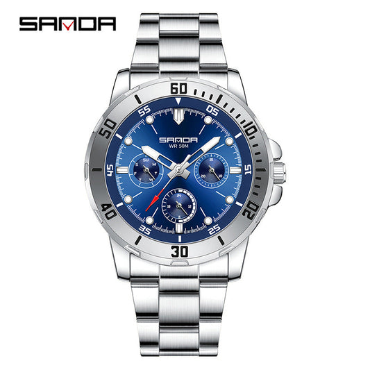 SANDA Men’s Large Dial Steel Quartz Watch – Business Analog Wristwatch with Calendar