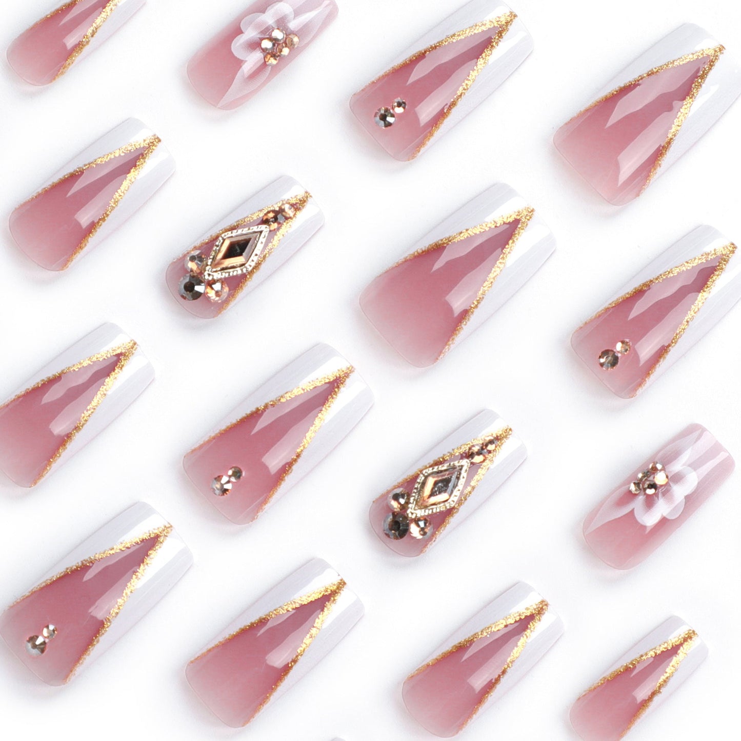 Glamorous V-French Press-On Nails – Long Coffin with 3D Flowers & Glitter Tips