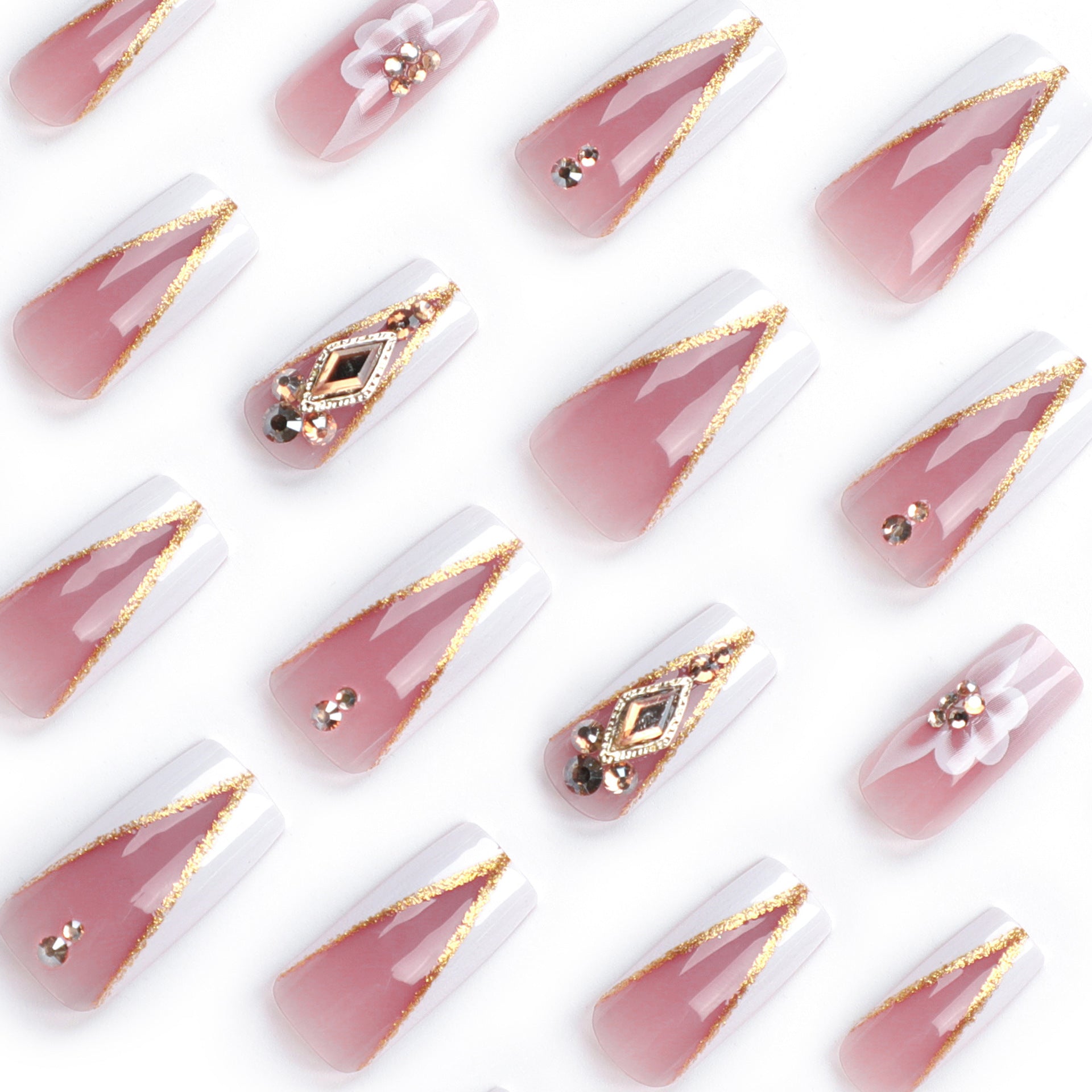 Glamorous V-French Press-On Nails – Long Coffin with 3D Flowers & Glitter Tips