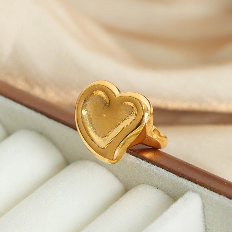 Women's Puffy Heart Statement Ring – Titanium Steel, Adjustable Bold Design