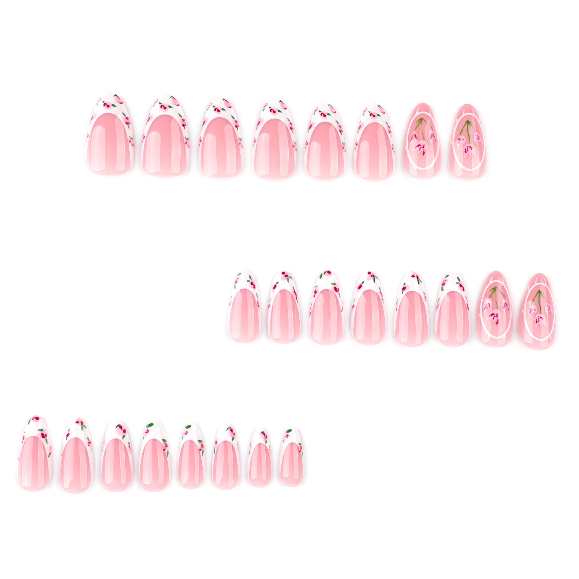 Elegant Floral French Press-On Nails – Long Almond Glue-On Tulip Nail Art