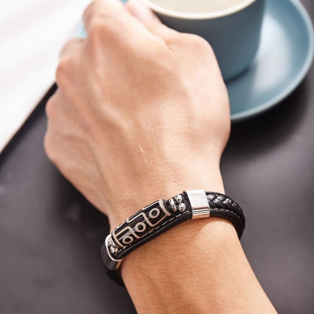 Tibetan Nine-Eye Dzi Bracelet – Braided Leather Unisex Bracelet