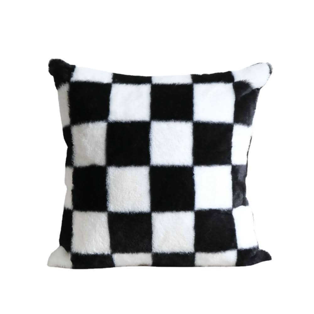 Black & White Checkerboard Pillowcase - Modern Embroidery, Rabbit Fur Accent