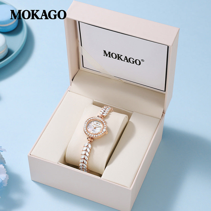 MOKAGO Women’s Quartz Watch – Round Dial, Full Diamond Fishtail Bracelet Watch