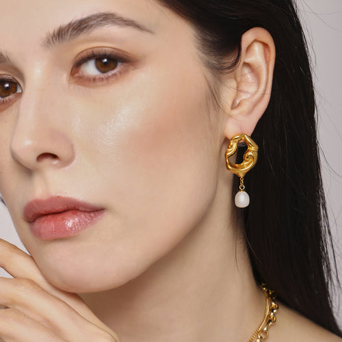 Baroque Chic Pearl Dangle Earrings – Irregular Hollow Design Jewelry