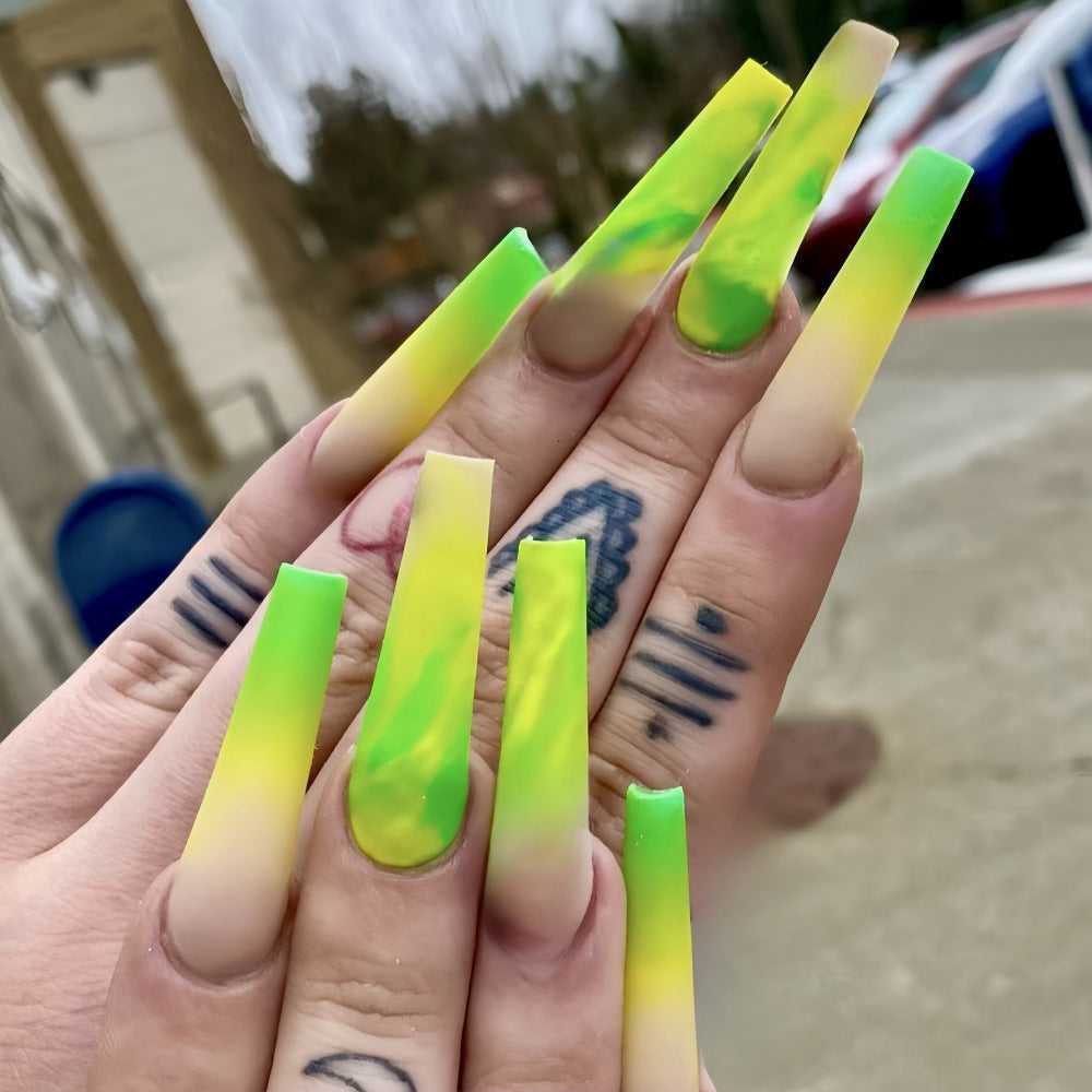 Neon Green & Yellow Ombre Coffin Press-On Nails – Bold Matte Acrylic False Nails