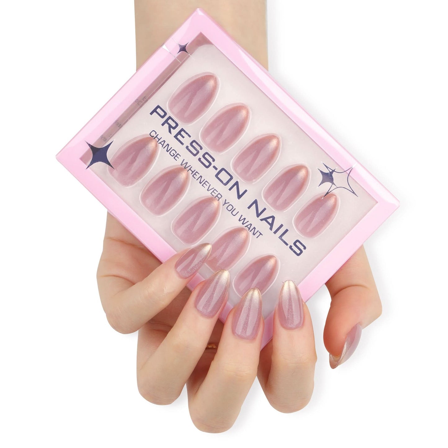 French Gradient Press-On Nails – Almond Shape, Gold Glitter