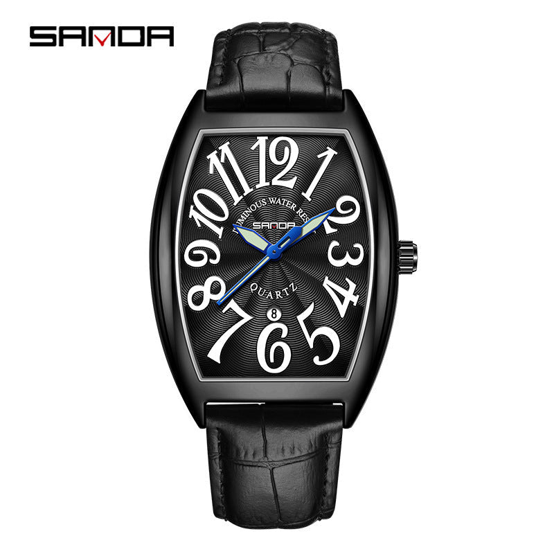 Sanda Men’s Quartz Digital & Analog Watch – Leather Strap Barrel Dial with Calendar