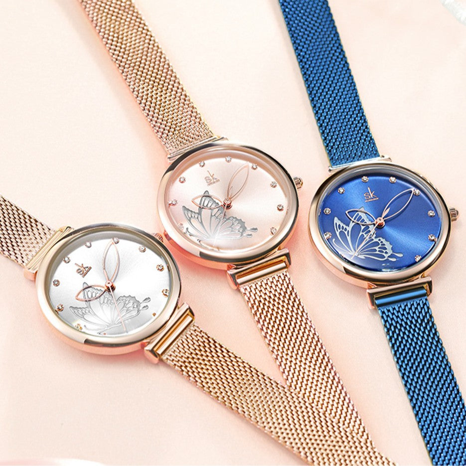 SK Women’s Quartz Watch – 3D Butterfly Dial, Stainless Steel Strap, Waterproof Wristwatch