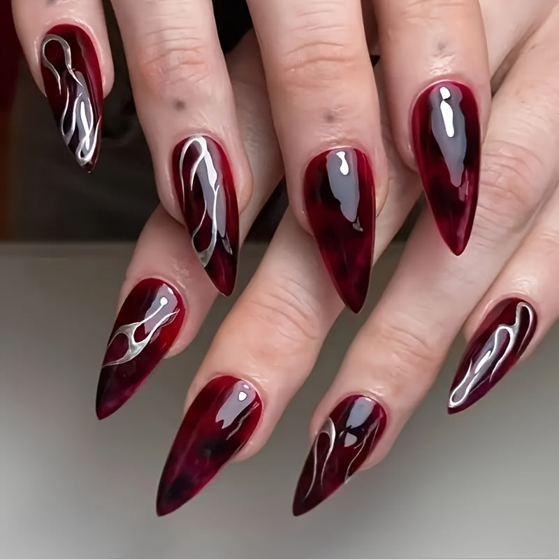 Claret Press-On Nails with Silver Swirl, Long Stiletto Acrylic Glue-On Set