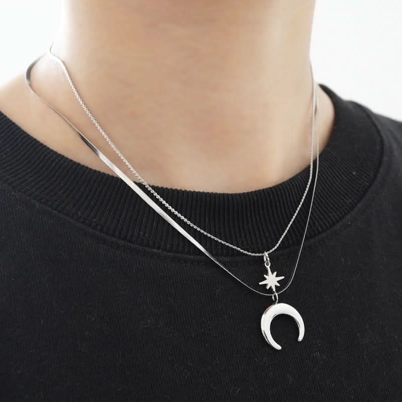 Men's Double-Layer Moon Necklace – Star and Moon Pendant