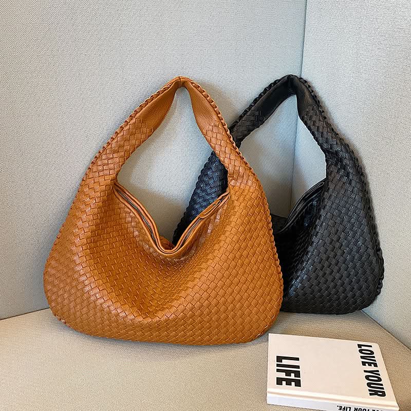 Women's Woven Shoulder Bag – Handbag with Zipper Closure and Inner Pockets