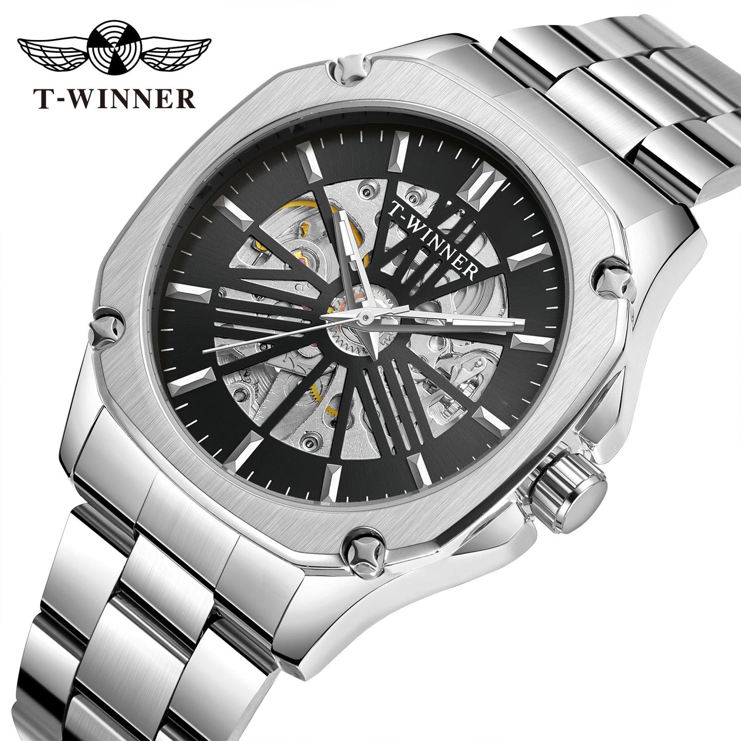 T-Winner Men’s Square Skeleton Automatic Mechanical Watch – Luminous Dial