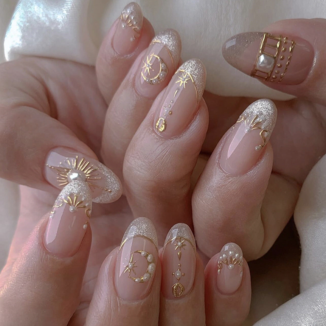 Celestial Moon & Star Press-On Nails – Nude Gold Almond Shape, Glossy Finish