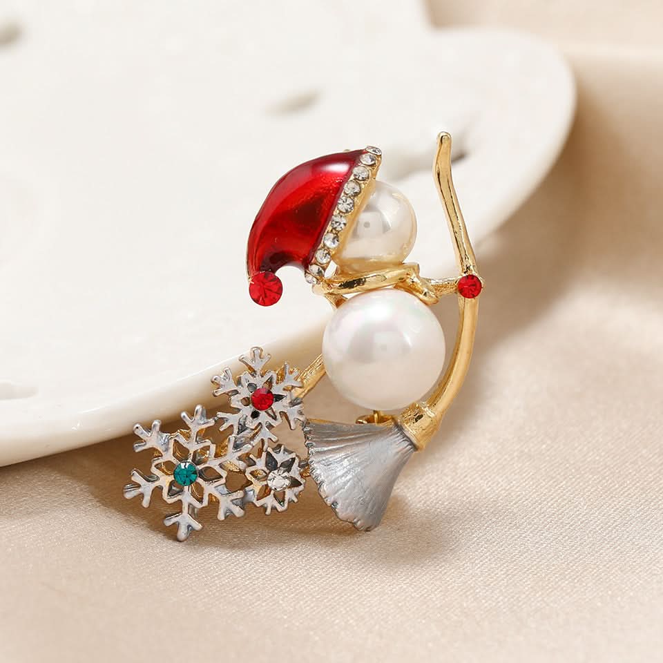 Christmas Snowflake & Snowman Brooch – Rhinestone Winter Pin for Coats & Scarves