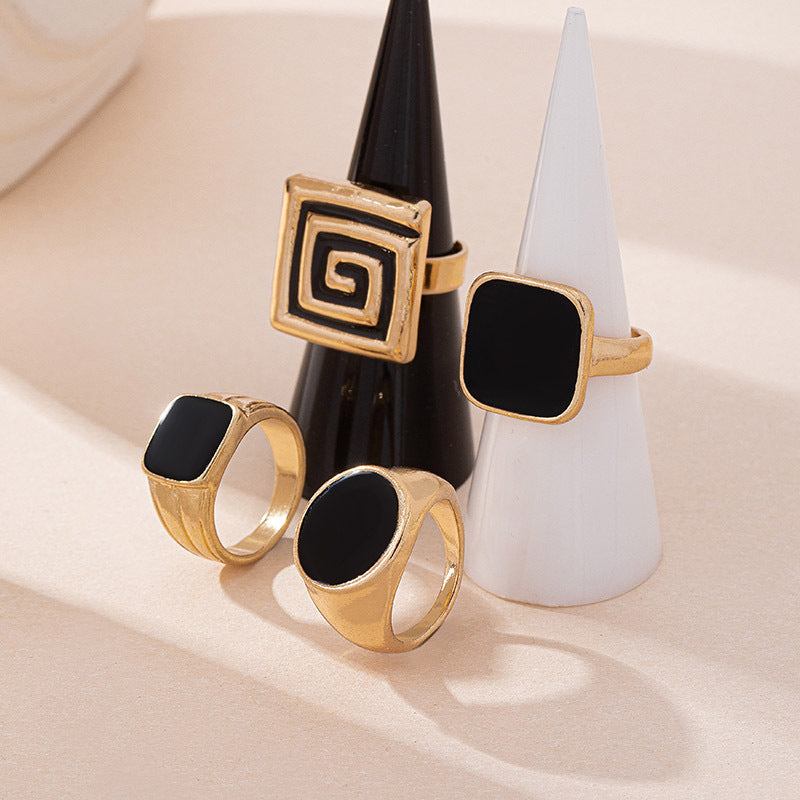 Black Geometric Enamel Ring for Women – Retro Alloy Fashion Jewelry