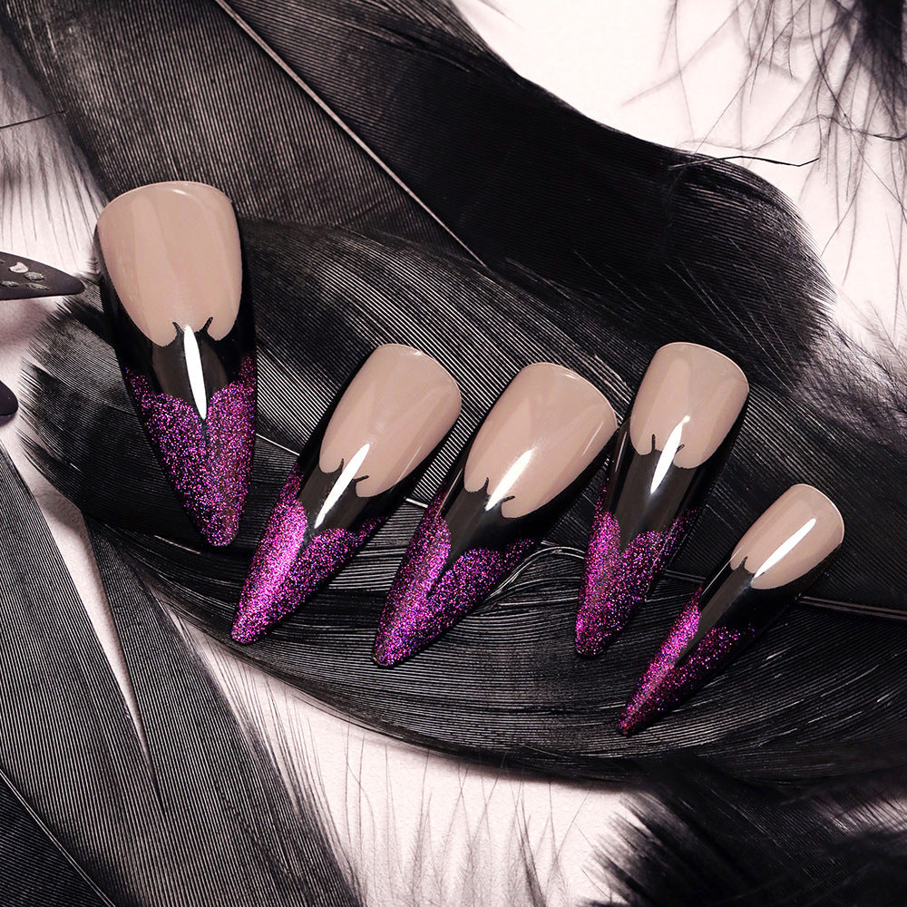 Bat Tip Halloween Press-On Nails – Extra Long Stiletto Purple Glitter False Nails